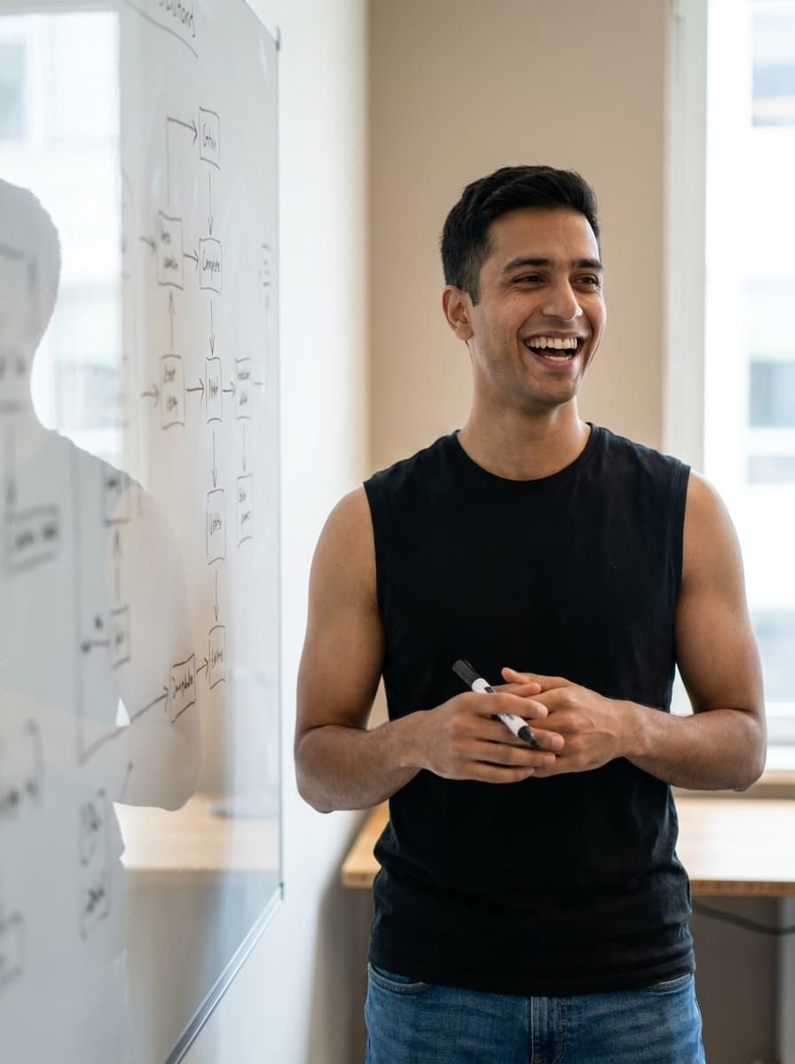 A confident young man speaking and smiling while presenting at a whiteboard